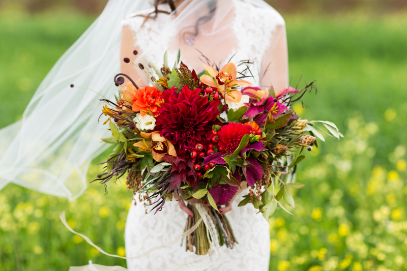 red and orange Sorella Flower Company wedding bouquet 