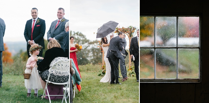 bride groom and flower girl in a rainy wedding ceremony