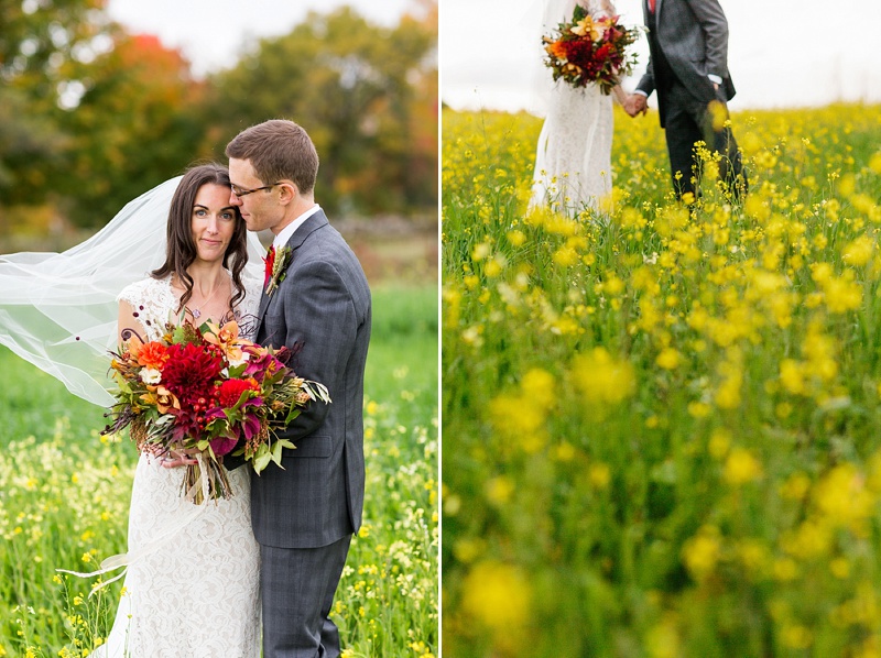 bride and groom in an open field