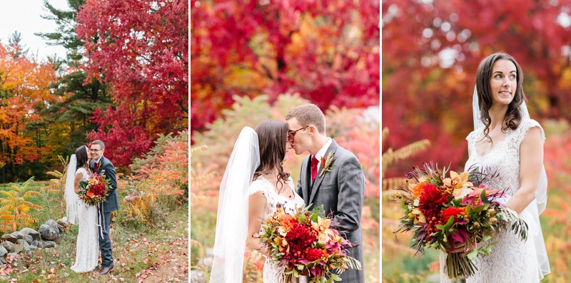 bride and groom kissing outside with fall leaves at diamond hill farm