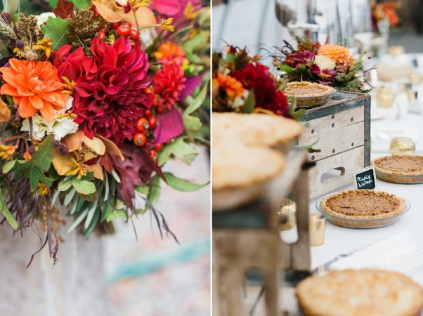 Sorella Flower Company wedding flowers with pies on a table